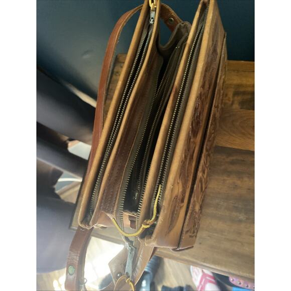 Vtg 70s Purse Leather Hand Tooled Brown Mexican Handbag Roses Floral Embossed - Picture 8 of 12